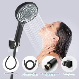 OFFO Shower Head with Hose and Holder, Large Shower Head with 6 Jet Types, Shower Head for Shower Head, Water-Saving, Hand Shower Head for Bathing, Matte Black