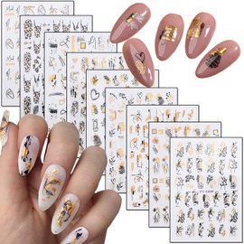9 Sheets Gold Nail Art Stickers, Laser Gold Flowers Leaf Leopard Print Abstract Face Lines Nail Sticker, Holographic 3D Self-Adhesive Nail Decals Design Supplies for Women Girls Manicure Decorations