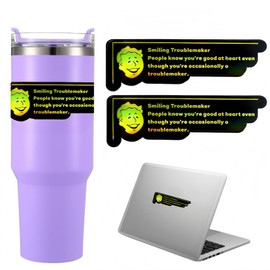 2-Pack Smiling Troublemaker Gamer Sticker – Holographic Handmade Paper Decal – Waterproof, Glossy, RPG Quote for Tumblers, Consoles, Notebooks