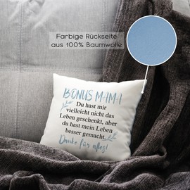 glitzertassen.de® Bonus Mama Cushion with Saying Gift Mother's Day Cushion with Print Love Decorative Photo Cushion Cuddly Cushion White/Blue