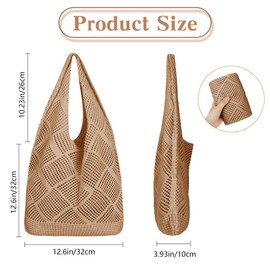 loacuony Women's Beach Bag, Crochet Bag, Crochet Bag, Mesh Beach Bag, Boho Shoulder Bag, Handmade Mesh Handbag, Summer Beach Bag for Holiday, Travel, Everyday Life, Spring and Summer, khaki