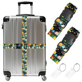 WEBEEDY 4 Pack Summer Travel Luggage Straps and Tags Set(2 Straps+2 Tags) for Luggage Wrapping, Adjustable Cat Suitcase Bag Straps Heavy-Duty Buckle Strap Baggage Security Strap Suitcase Accessories