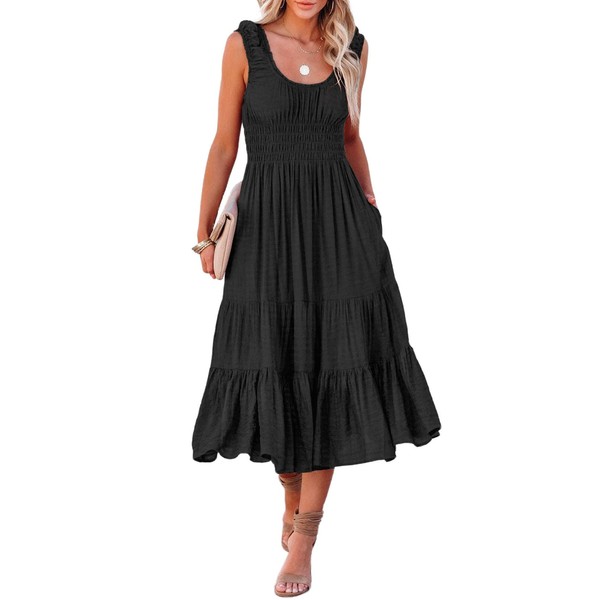 AlvaQ Women's Sleeveless High Waist Smocked Midi Dress Summer Casual