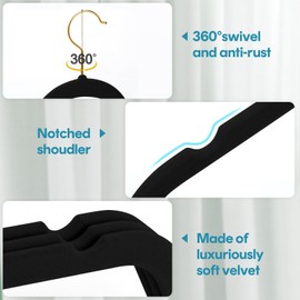UNEED Black Velvet Hangers with Golden Hooks, 22 Pack - Ultra Thin Space Saving, Non-Slip Clothes Hangers for All Clothing, Dorm & Closet Organization (Heavy Duty, Anti-Scratch,360° Protection)