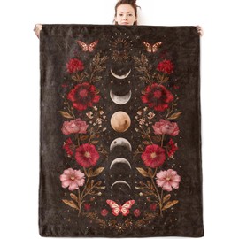 olpddz - Manta de franela floral y mariposa lunar, regalo para amantes celestiales, 60 x 50 pulgadas, manta gótica bohemia con lunar, flor roja y polilla, para recámara, sofá, sala de estar, camping