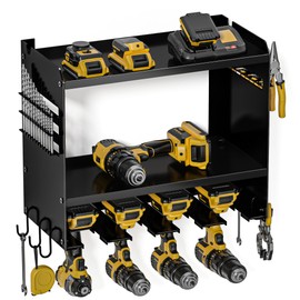 Spampur Power Tool Organizer Wall Mount, 15 Min Fast Assembly & Maximum 100lb load by Heavy Duty Metal,4 Slots for Cordless Drill, Garage Storage Shelf with Hooks, Father/Men/Husband Birthday Gift