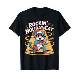 Christmas Santa Hat Cat Playing Guitar Rock and Roll T-Shirt