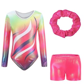 Kiscorpse Gymnastics Leotards for Girls with Gymnastics Shorts & Hairband Set Long Sleeve/Sleeveless Leotard Dancing Ballet Gymnastics Athletic for Girl (Rainbow-long sleeved, 5-6 Years)
