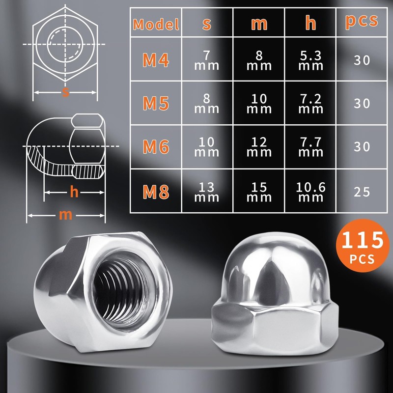 SWTYExt Pack of 115 Acorn Nuts High Shape Set M4