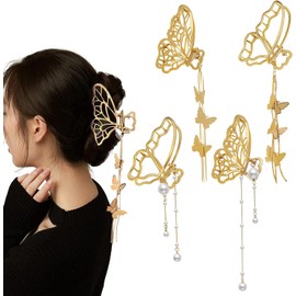 Paquete de 4 pinzas de metal con diseño de mariposa dorada, con borla, antideslizantes, accesorios para el cabello para mujeres y niñas, para cabello más fino y grueso, suministros de moda para el cabello