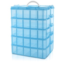 Belle Vous 5 Tier Blue Tall Clear Transparent Plastic Stackable Storage Box - Adjustable Compartment Slots - Maximum 50 Compartments - Container for Storing Toys, Jewellery, Beads, Arts & Crafts, Tool