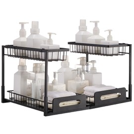 VEVOR Pull Out Cabinet Organizer, 2 Tier Under Sink Organizer and Storage(10.7"W x 14.2"D ), Slide Out Drawer Cabinet Organizer, Wire Basket Sliding Shelf for Kitchen Bathroom Cabinet, Black (2 Pack)