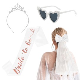 4 Stück JGA Accessoires Frauen, Bride to Be Weiß Schärpe Schleier, Junggesellenabschied Herz Sonnenbrille Perle, Silbrig Bride Haarreif, JGA deko Frauen für Bachelorette Party Hochzeit Fotorequisiten