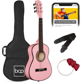 Best Choice Products 30in Kids Acoustic Guitar, All-in-One Beginner Starter Kit w/Strap, Case, Extra Strings, Rosette Inlay - Pink