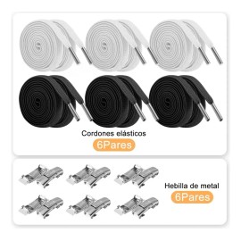 6 Pares Agujetas Sin Nudo Elásticas Hebilla Metal Para Tenis En Blanco Y Negro