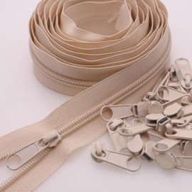 #5 Beige Nylon Coil Zippers by The Yard 10 Yards Bulk Zipper Tape with 25pcs Zipper Pulls Sliders for DIY Sewing Crafts Bags Purses YIGUANXIN