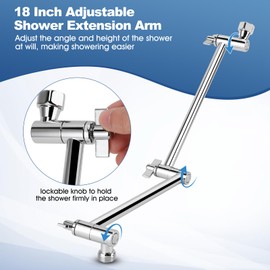 Gugxiom Shower Head Extension, 46 cm Adjustable Shower Arm, Tool-Free Assembly, Chrome-Plated, Shower Extension Arm for Any Shower Angle, G1/2 Universal Connection (Silver)