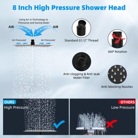 Hibbent All Metal Rain Shower Head, 8'' High Pressure Rainfall Showerhead with 16" Shower Head Extension Arm, Solid Brass Adjustable Shower Arm Extender, Waterfall fixed Showerheads, Matte Black