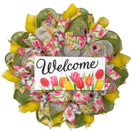 Handmade Welcome Tulips Spring Wreath Handmade Deco Mesh