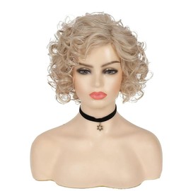 Swiking Short Blonde Curly Wigs for White Women with Side Bangs Fluffy Natural Synthetic Fiber Hair Wig for Daily Party Costume Use