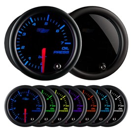 GlowShift Tinted 7 Color 7 BAR Oil Pressure Gauge Kit - Includes Electronic Sensor - Black Dial - Smoked Lens - for Car & Truck - 2-1/16" 52mm