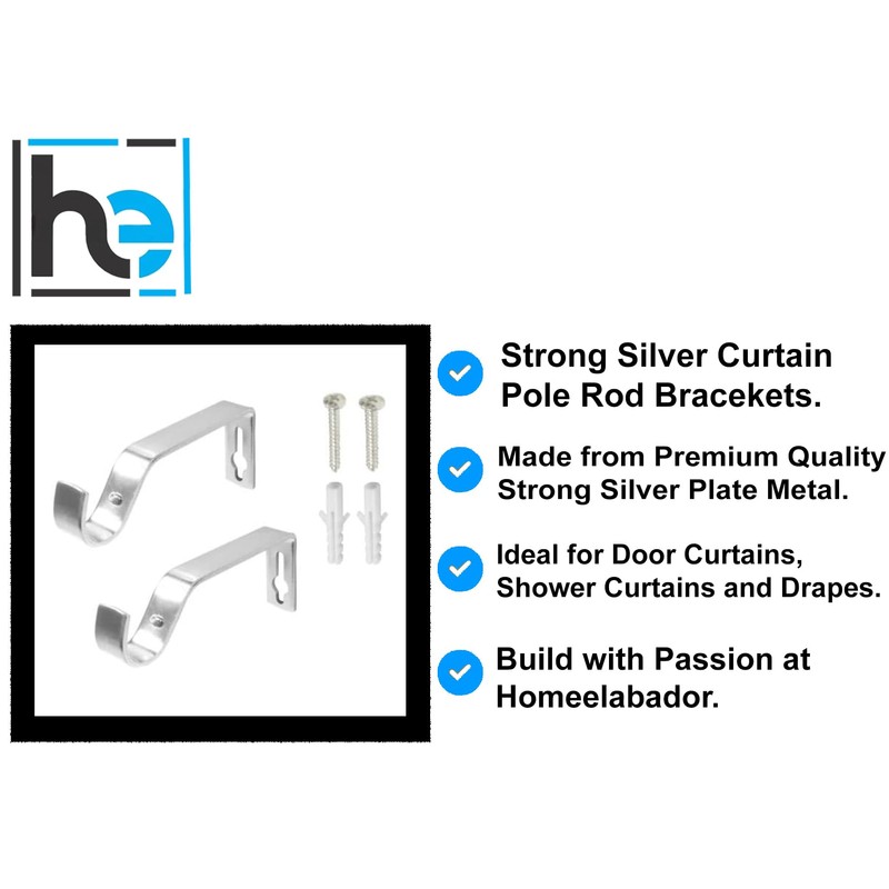 Silver Curtain Rod Brackets Set with Screws for Poles 28mm