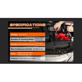 250 A 12 V Busbar 4 x M8 (5/16 Inch) Terminal Bolts DC Bus Bars Distribution Block with Cover, Negative & Positive High Performance Module BusBar Box for Car, Boat, Solar System (M10 Kit)