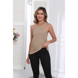 PRIMODA Womens Sleeveless Tank Tops Crew Neck Loose Fit Summer Casual Flowy Curved Tunic Shirt (Beige M)