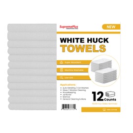 SupremePlus Premium White Huck Towels – (12 Pack) 15 x 30 inches 100% Cotton Bulk Towel for General Cleaning, Auto Shop, and Hospital Use, Super Absorbent, Machine Washable Cloth
