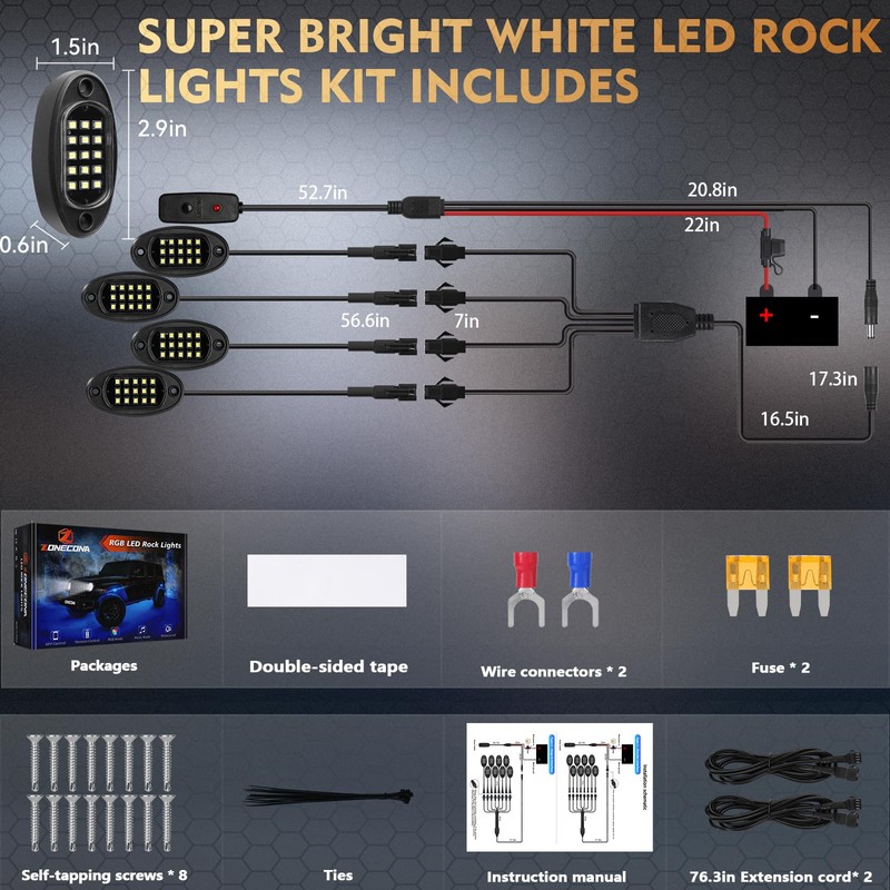 4Pods Pure White LED Rock Lights Kit with Switch Wiring