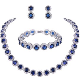 EVER FAITH Silver-Tone Round Cut Cubic Zirconia Tennis Necklace Bracelet Earrings Set Sapphire Color