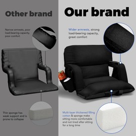 Wide Stadium Seats With Back Support, Exclusive "Sofa Style" Design Extra Thick Bleacher Chairs With Back and Cushion, 6 Reclining Positions - Ultimate Comfort for Sports Events (Black, 22.5")