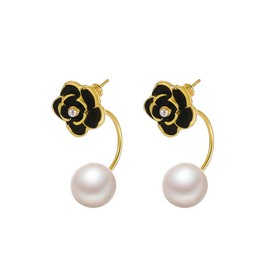 IDOKAWA Vintage Jewelry 18k Gold Plated Camellia Earrings Freshwater Pearl Earrings Jewelry for Women-Black B