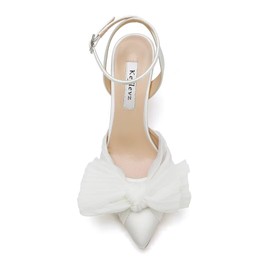 Bow Knot Wedding Shoes for Bride Pointed Toe Wedding Heels Ankle Strap Bridal Shoes-Ivory-8