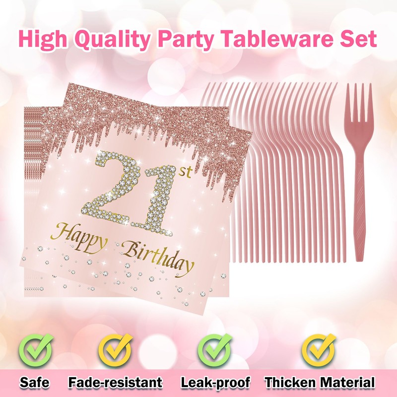 21st Birthday Decorations for Her, Rose Gold Plates Rose Gold