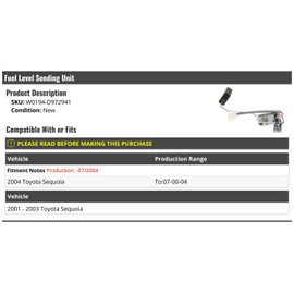 Marketplace Auto Parts Fuel Level Sending Unit - Compatible with 2001-2004 Toyota Sequoia (Up To 07/2004)