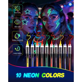 Oiomniv Glow in The Dark Face Paint Markers, 10 Colors UV Neon Body Paint Pens, Waterproof & Skin-Safe Blacklight Tattoo Markers, Washable Temporary Tattoo Pens for Halloween, Music Festivals Parties
