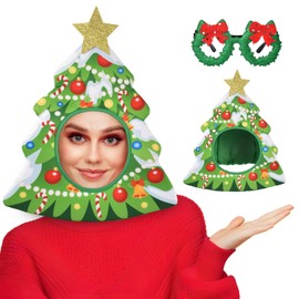 HUIANER Christmas Tree Hat with Glasses Frames, Xmas Tree Hat Christmas Hood for Christmas Party Hat Dress Up Celebrations