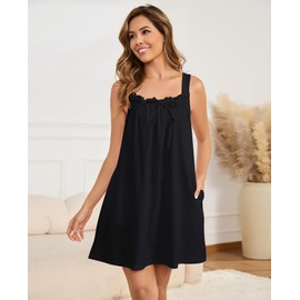 Namatime Women's Sleeveless Cotton Nightdress - Sleep Dress with Non-Slip Straps, Ruffles & Pockets, Loose Fit Sleepwear for Pregnant Women, black, L