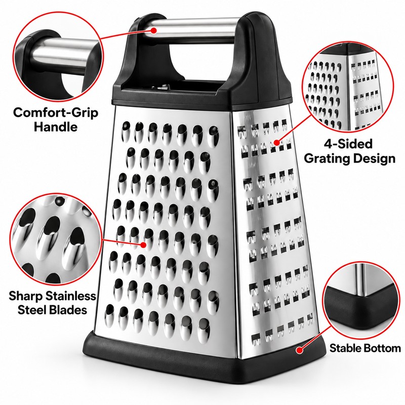 4-Sided Stainless Steel Box Grater for Vegetable Prep – Multi-Surface