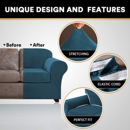 PrinceDeco 2 Piece Chair Cover Velvet Chair Slipcovers Soft Armchair Cover Furniture Protector with Arms Width Up to 49 Inch Chair Sofa Cover with Individual Cushion Covers(Small, Deep Teal)
