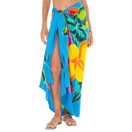 SHU-SHI - Traje de baño para mujer, diseño de pareo floral de hibisco, para mujer, falda larga para la playa, para viajes en la piscina, Turquesa, Talla única