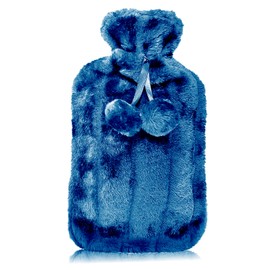 LIFE Hot Water Bottle with Fur Cover and Pom Poms – Large (Royal Blue)