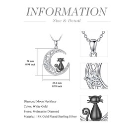 WTYIM Black Cat Necklace for Women 14K Gold Plated Sterling Silver Moissanite Diamond Celtic Moon Pendant Necklace Cat Jewelry Gifts for Cat Lovers Birthday Christmas Gift for Girlfriend Wife, 18+2"