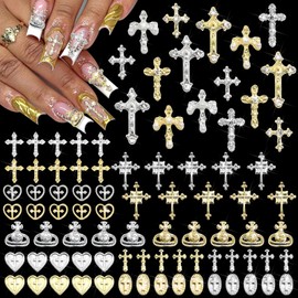 BELICEY 3D Cross Nail Charms 86Pcs Cross Heart Planet Charms for Nails Gold Silver Nail Cross Alloy Nail Charms and Gems Y2k Nail Jewelry Crystal Rhinestones for DIY Nail Art Design Crafts