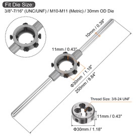 sourcing map Die Stock Handle Wrench Set, 3/8-24 UNF Round Die and 30mm Die Holder (Fits 3/8"-7/16" (UNC/UNF) / Metric M10-M11 / 30mm OD Dies) for Bolt Thread Repair