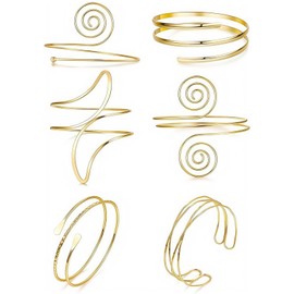 LunarCharm 6-Piece Gold Arm Cuff Set, Open Upper Arm Bracelet, Bangle for Women, Adjustable Arm Cuff Bracelet, Minimalist Spiral Leaf Bracelet Set