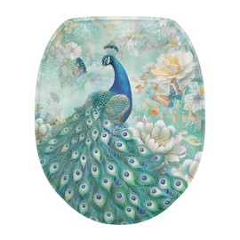 Garucesta Toilet Lid Cover with Elastic Straps Non-Slip Backing Stays in Place Toilet Seat Lid Cover Fits Most Lids Bathroom Toilet Decoration 17.3'' x 13'', Peacock Butterfly Flower Blue Teal