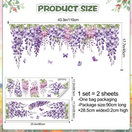 Hanging Purple Flower Vine Wall Decals Wisteria Floral Wall Stickers Green Leaves Pink Flowers Wall Art Removable Garden Plant Watercolor Floral Peel and Stick Wallpaper for Girls Bedroom Window Decor