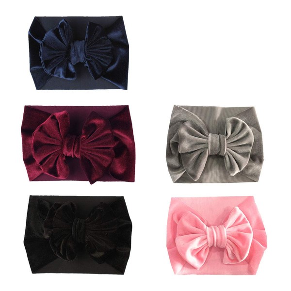 SuperiMan Wide Band Velvet Headband for Baby,Toddler Girls Bows Turban Head Wrap Hair Bands Photography Props Hairband (Navy+Wine Red+Black+Gray+Pink)